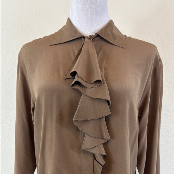Vintage Calvin Klein Brown Ruffled 100% Silk Blouse with Cuffed Sleeves Small - Picture 2 of 8